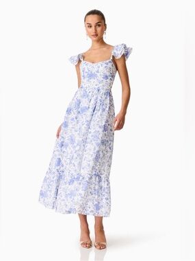 elliatt elin blue & white floral print ruffle sleeve maxi summer sun dress small
